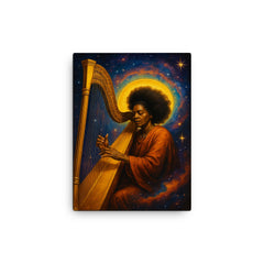 Alice Coltrane harp and cosmic aura canvas print on a plain backdrop in size 12"x16".