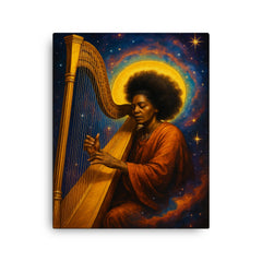 Alice Coltrane harp and cosmic aura canvas print on a plain backdrop in size 16"x20".