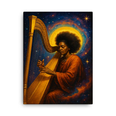 Alice Coltrane harp and cosmic aura canvas print on a plain backdrop in size 18"x24".