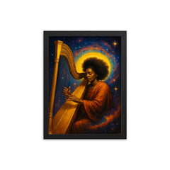 Alice Coltrane harp and cosmic aura framed print on a plain backdrop in size 12"x16".