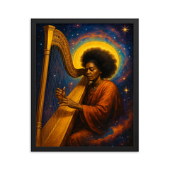 Alice Coltrane harp and cosmic aura framed print on a plain backdrop in size 16"x20".