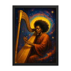Alice Coltrane harp and cosmic aura framed print on a plain backdrop in size 18"x24".