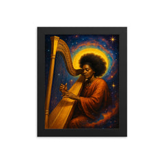 Alice Coltrane harp and cosmic aura framed print on a plain backdrop in size 8"x10".