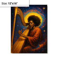 Alice Coltrane harp and cosmic aura metal print on a plain backdrop in size 12"x16".