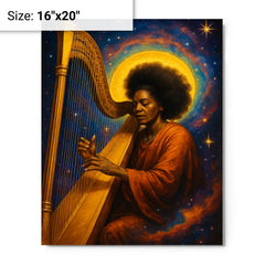 Alice Coltrane harp and cosmic aura metal print on a plain backdrop in size 16"x20".