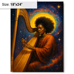 Alice Coltrane harp and cosmic aura metal print on a plain backdrop in size 18"x24".