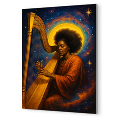 Alice Coltrane harp and cosmic aura metal print mockup