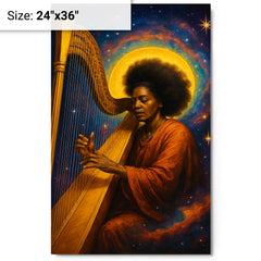 Alice Coltrane harp and cosmic aura metal print on a plain backdrop in size 24"x36".