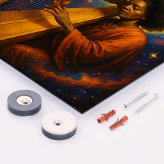 Alice Coltrane harp and cosmic aura metal print mockup