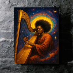 Alice Coltrane harp and cosmic aura metal print mockup