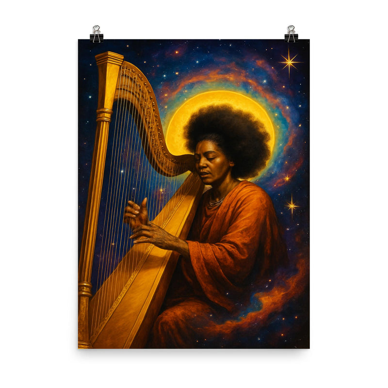 Alice Coltrane harp and cosmic aura poster on a plain backdrop in size 8