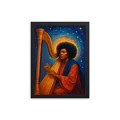Alice Coltrane with harp and celestial aura framed print on a plain backdrop in size 12"x16".