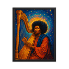 Alice Coltrane with harp and celestial aura framed print on a plain backdrop in size 16"x20".