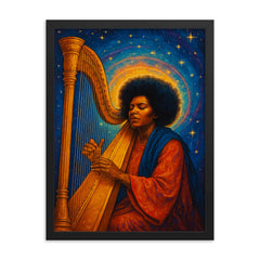 Alice Coltrane with harp and celestial aura framed print on a plain backdrop in size 18"x24".