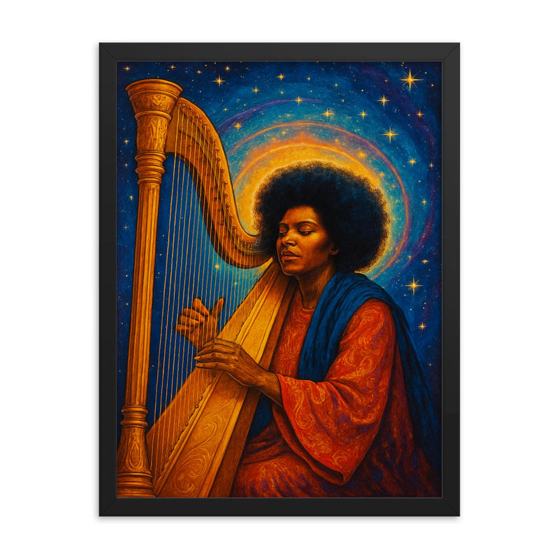 Alice Coltrane with harp and celestial aura framed print on a plain backdrop in size 18