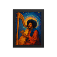 Alice Coltrane with harp and celestial aura framed print on a plain backdrop in size 8"x10".