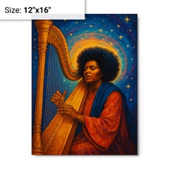 Alice Coltrane with harp and celestial aura metal print on a plain backdrop in size 12"x16".