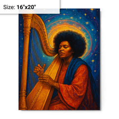 Alice Coltrane with harp and celestial aura metal print on a plain backdrop in size 16"x20".