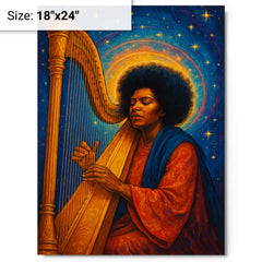 Alice Coltrane with harp and celestial aura metal print on a plain backdrop in size 18"x24".