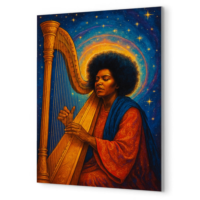 Alice Coltrane with harp and celestial aura metal print mockup