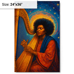 Alice Coltrane with harp and celestial aura metal print on a plain backdrop in size 24"x36".