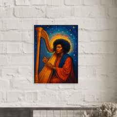 Alice Coltrane with harp and celestial aura metal print mockup