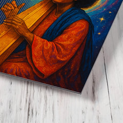Alice Coltrane with harp and celestial aura metal print mockup