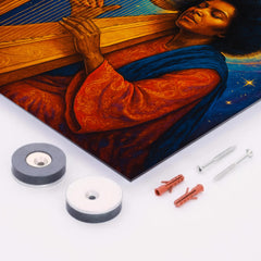 Alice Coltrane with harp and celestial aura metal print mockup