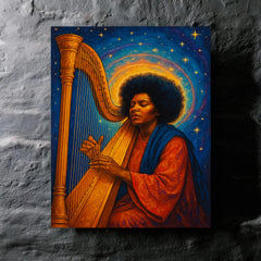 Alice Coltrane with harp and celestial aura metal print mockup