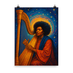 Alice Coltrane with harp and celestial aura poster on a plain backdrop in size 8"x10".
