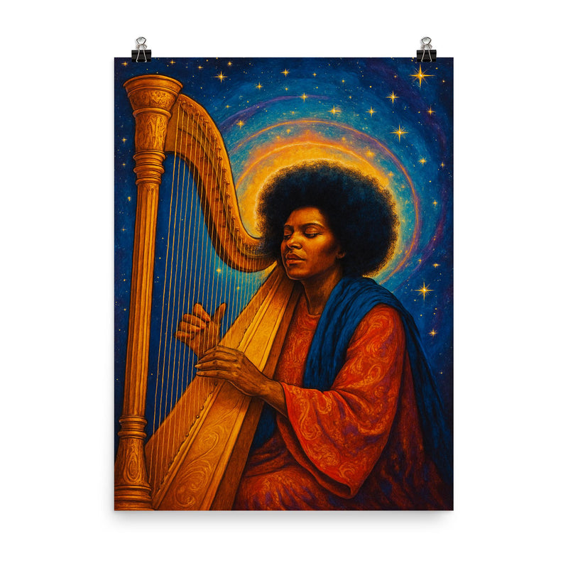 Alice Coltrane with harp and celestial aura poster on a plain backdrop in size 8
