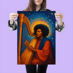 Alice Coltrane with harp and celestial aura poster 3