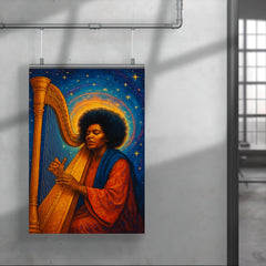 Alice Coltrane with harp and celestial aura poster 4