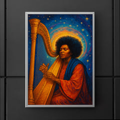 Alice Coltrane with harp and celestial aura poster 5
