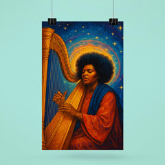 Alice Coltrane with harp and celestial aura poster 6
