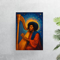 Alice Coltrane with harp and celestial aura poster 7