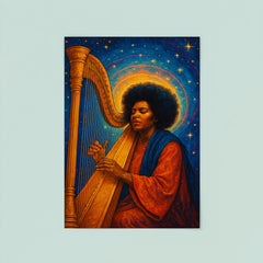 Alice Coltrane with harp and celestial aura poster 8