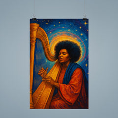 Alice Coltrane with harp and celestial aura poster 9