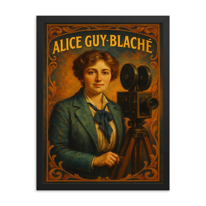 Alice Guy Blaché framed print on a plain backdrop in size 18