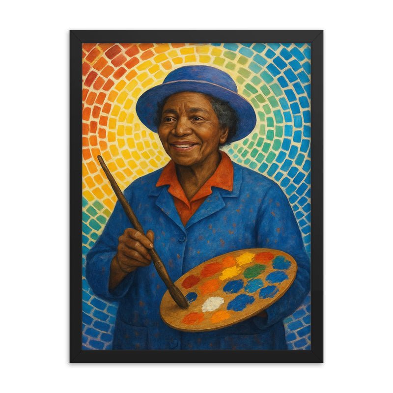Alma Thomas framed print on a plain backdrop in size 18