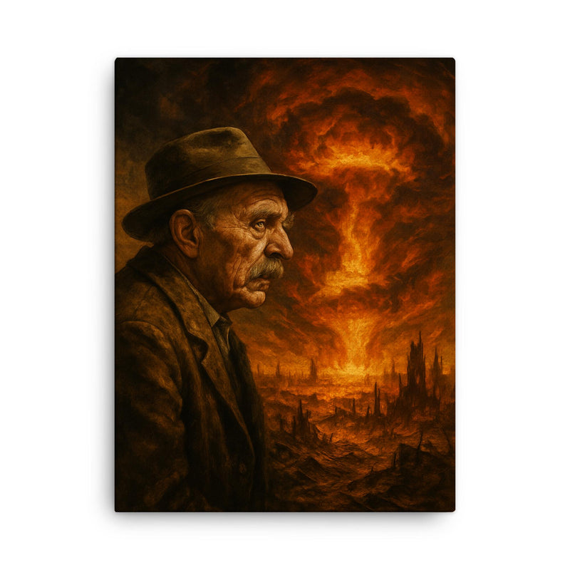 Alois Irlmaier staring into apocalyptic visions canvas print on a plain backdrop in size 18