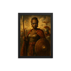 Amanirenas confronting Rome with one eye framed print on a plain backdrop in size 12"x16".