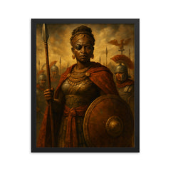 Amanirenas confronting Rome with one eye framed print on a plain backdrop in size 16"x20".
