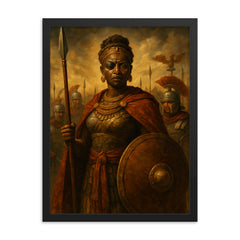Amanirenas confronting Rome with one eye framed print on a plain backdrop in size 18"x24".