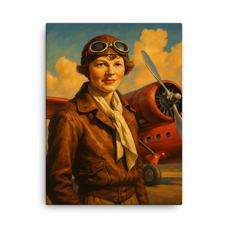 Amelia Earhart canvas print on a plain backdrop in size 18