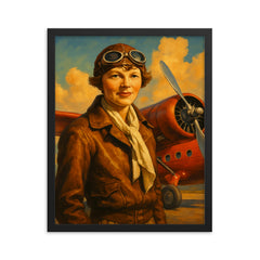 Amelia Earhart framed print on a plain backdrop in size 16"x20".