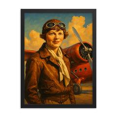 Amelia Earhart framed print on a plain backdrop in size 18"x24".