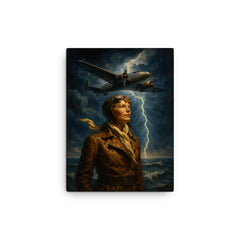 Amelia Earhart over storm lit Atlantic canvas print on a plain backdrop in size 12"x16".