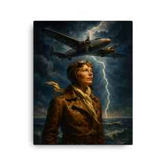 Amelia Earhart over storm lit Atlantic canvas print on a plain backdrop in size 16"x20".