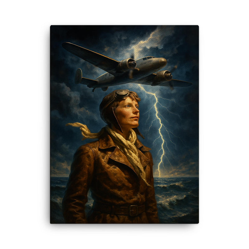 Amelia Earhart over storm lit Atlantic canvas print on a plain backdrop in size 18